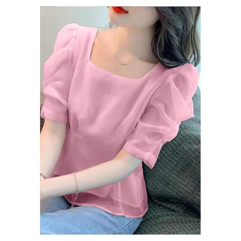 Mesh Puff Sleeve Chiffon Shirt Womens 2022 Summer New French Sweet Square Collar Waist Design Niche Top Dark blue - Image 4