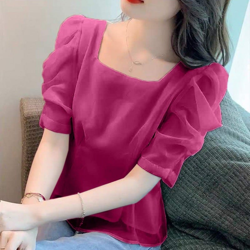 Mesh Puff Sleeve Chiffon Shirt Womens 2022 Summer New French Sweet Square Collar Waist Design Niche Top Dark blue - Image 2