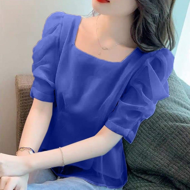 Mesh Puff Sleeve Chiffon Shirt Womens 2022 Summer New French Sweet Square Collar Waist Design Niche Top Dark blue - Image 1