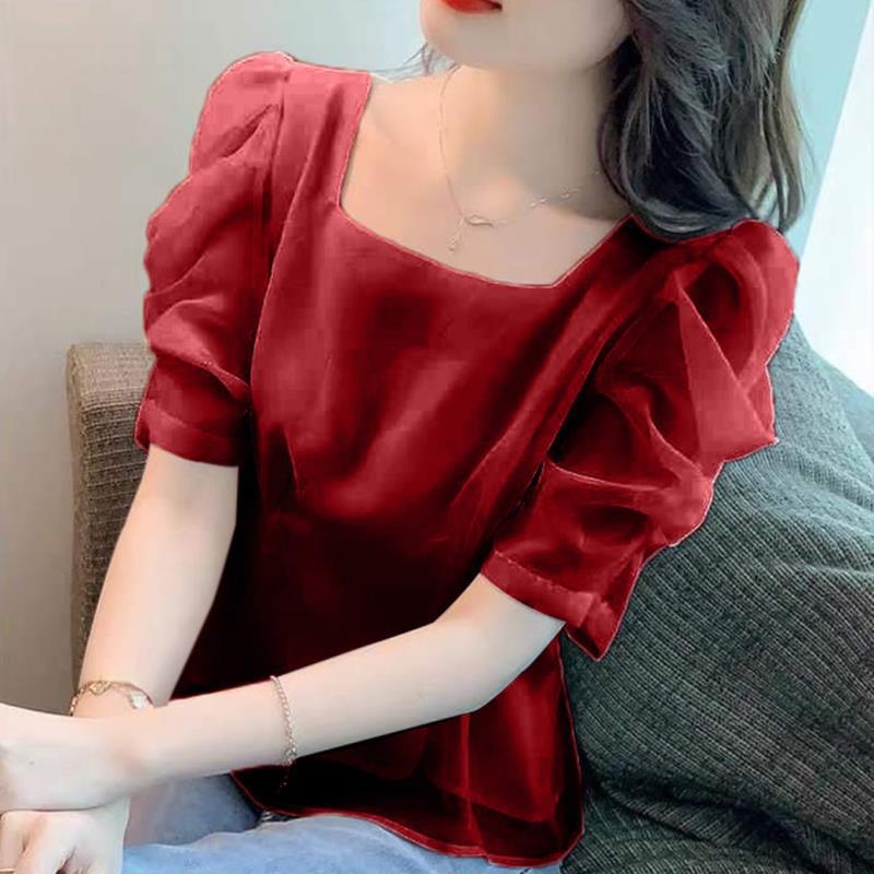 Mesh Puff Sleeve Chiffon Shirt Womens 2022 Summer New French Sweet Square Collar Waist Design Niche Top Dark blue - Image 5