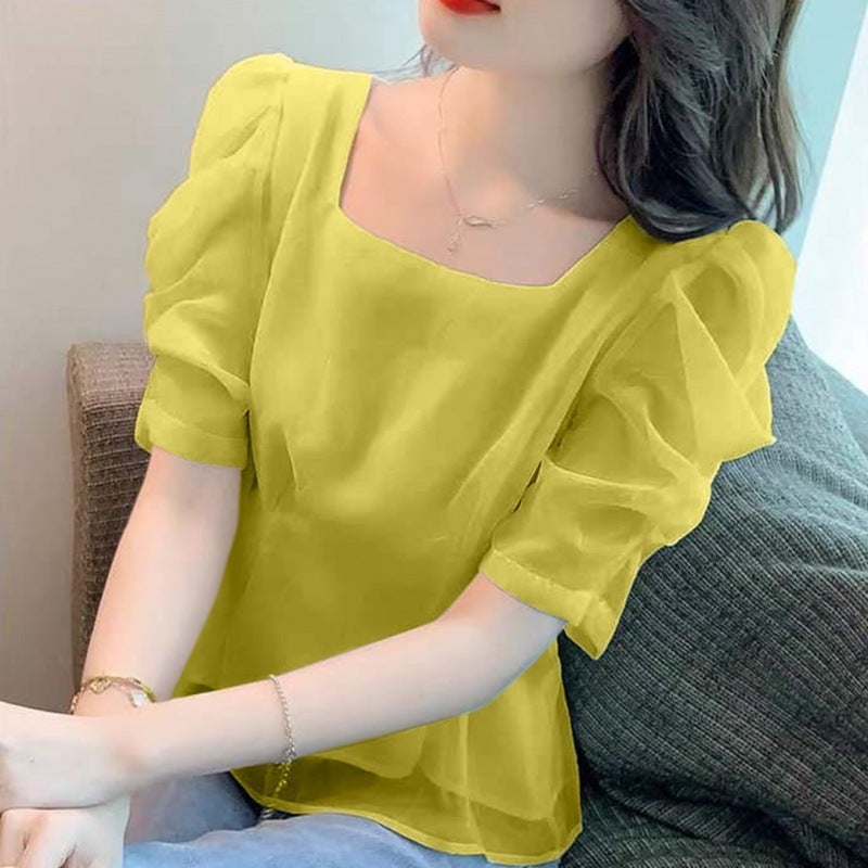 Mesh Puff Sleeve Chiffon Shirt Womens 2022 Summer New French Sweet Square Collar Waist Design Niche Top Dark blue - Image 3