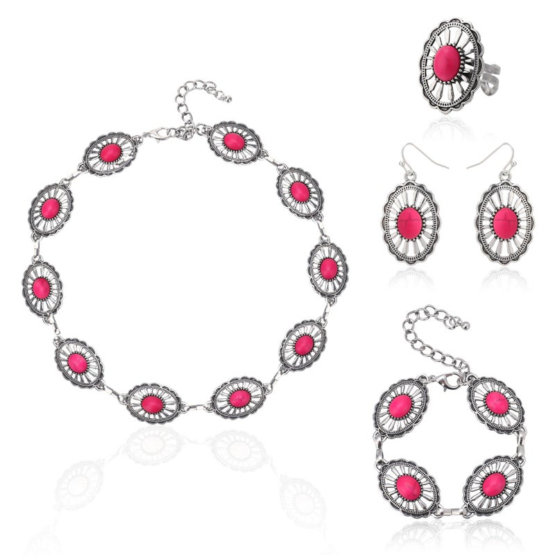 JMScape 4 PCS Western Turquoise Jewelry for Women Boho Vintage Navajo Pearl Necklace Earring Bracelet Ring Set Country Cowgirl Accessories for Gift (L-Magenta) - Image 1