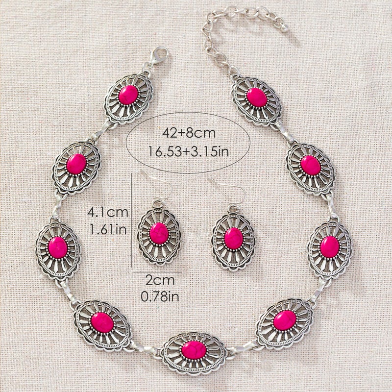 JMScape 4 PCS Western Turquoise Jewelry for Women Boho Vintage Navajo Pearl Necklace Earring Bracelet Ring Set Country Cowgirl Accessories for Gift (L-Magenta) - Image 5