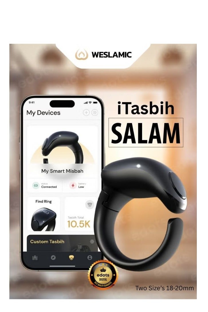 WESLAMIC iTasbih (Salam) Smart Ring, OLED Display, Zikr Counter, Prayer Reminders, 2 Adjustable Sizes 18&20mm in Box, Magnet Charging, Waterproof, Bluetooth Enabled - Image 1