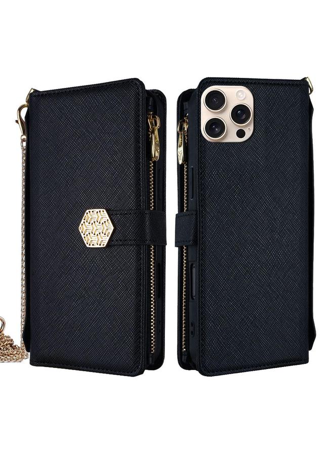 اس-توب جراب هاتف iPhone 16 Pro Max بمقبض كروس بودي من الجلد المزخرف - Image 1