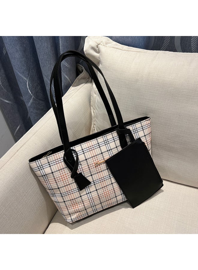 Plaid Printed Tote Bag Two-Piece Set 2024Ladies Handbag Shoulder Bag Women's Korean Shopping Bag-Color:Coffee - Image 5