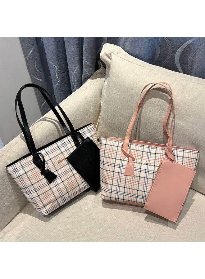 Plaid Printed Tote Bag Two-Piece Set 2024Ladies Handbag Shoulder Bag Women's Korean Shopping Bag-Color:Coffee - Image 3