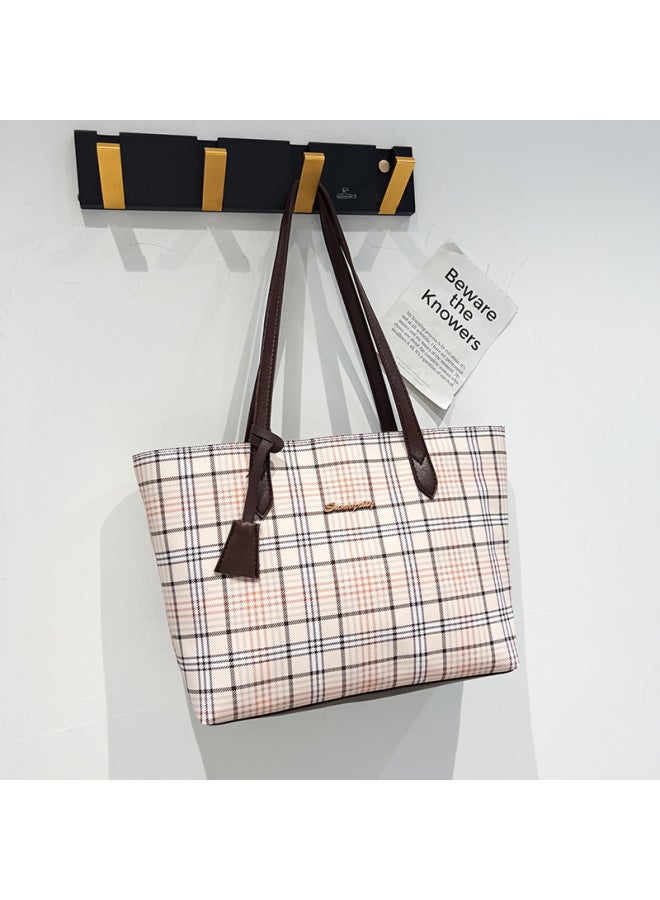 Plaid Printed Tote Bag Two-Piece Set 2024Ladies Handbag Shoulder Bag Women's Korean Shopping Bag-Color:Coffee - Image 1