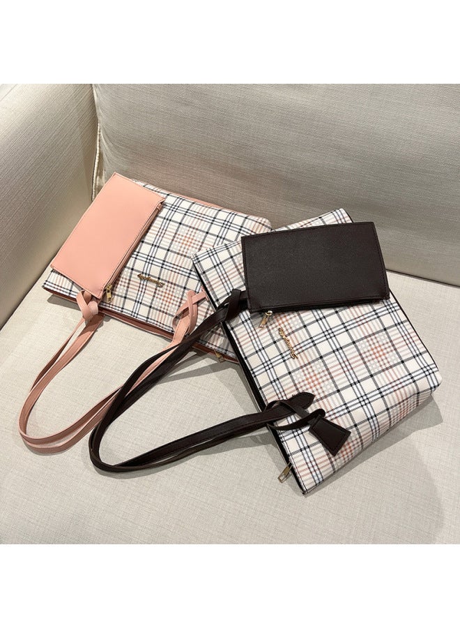 Plaid Printed Tote Bag Two-Piece Set 2024Ladies Handbag Shoulder Bag Women's Korean Shopping Bag-Color:Coffee - Image 4