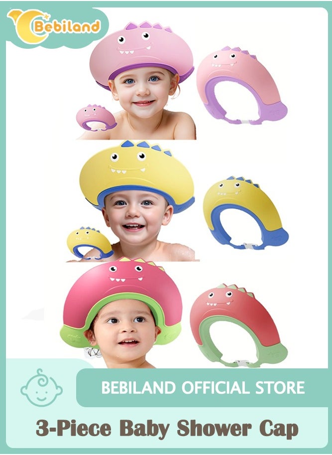 Bebiland 3 Pcs Baby Shower Cap, Adjustable Shampoo Visor Bath Hat, Infants Soft Protection Safety, Protect Ear Eye Baby Hair Washing Aids for Baby Toddler Children Kids (Dinosaur)  - Image 1