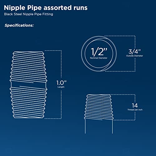 SupplyGiant 1/2 x 1 Inch Black Steel Pipe (10-Pack), Heavy Duty Industrial Malleable Iron Pipes, Pre Cut Threaded Close Nipple Great For All DIY Furniture And Black Pipe Shelving - Image 2