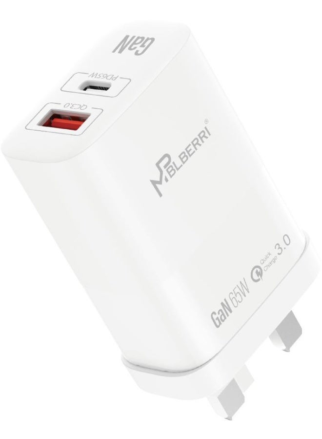 MPBLBERRI 65W GaN Fast Wall Charger with USB-C PD & USB-A QC 3.0 Dual Port Compact Power Adapter for iPhone, iPad, Android Devices, Laptops & Tablets