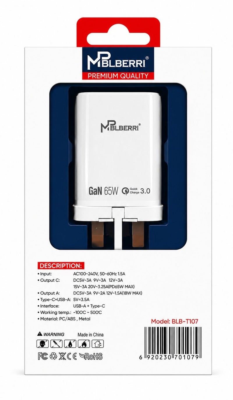 MPBLBERRI 65W GaN Fast Wall Charger with USB-C PD & USB-A QC 3.0 Dual Port Compact Power Adapter for iPhone, iPad, Android Devices, Laptops & Tablets - Image 3