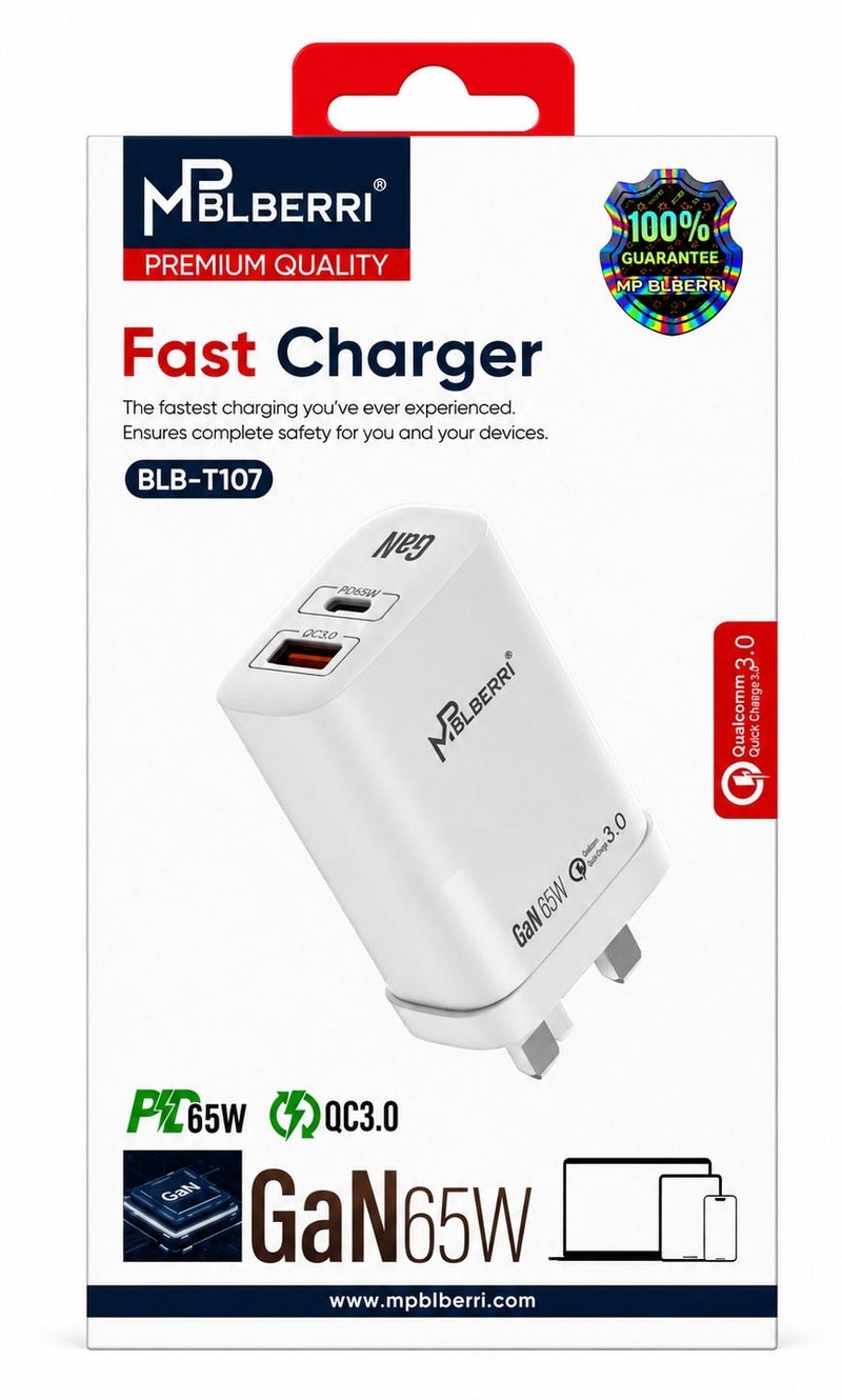 MPBLBERRI 65W GaN Fast Wall Charger with USB-C PD & USB-A QC 3.0 Dual Port Compact Power Adapter for iPhone, iPad, Android Devices, Laptops & Tablets - Image 2