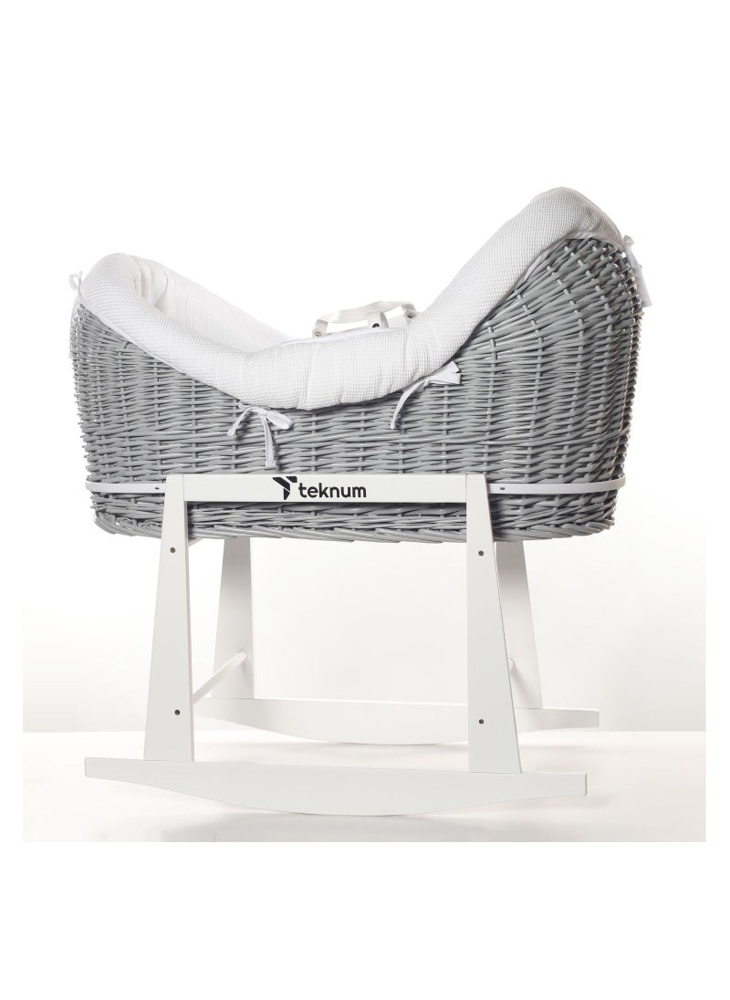 TEKNUM Teknum Infant Wicker Pod Moses Basket with White Waffle Beddings & White Rocker Stand - Wooden Grey  - Image 1