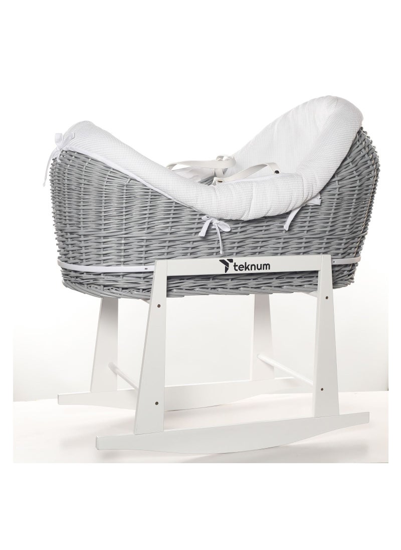 TEKNUM Teknum Infant Wicker Pod Moses Basket with White Waffle Beddings & White Rocker Stand - Wooden Grey  - Image 3