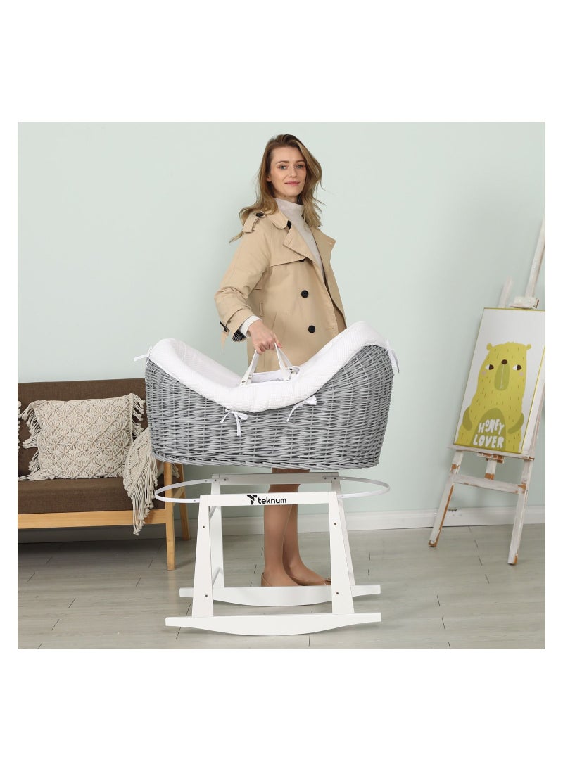 TEKNUM Teknum Infant Wicker Pod Moses Basket with White Waffle Beddings & White Rocker Stand - Wooden Grey  - Image 5