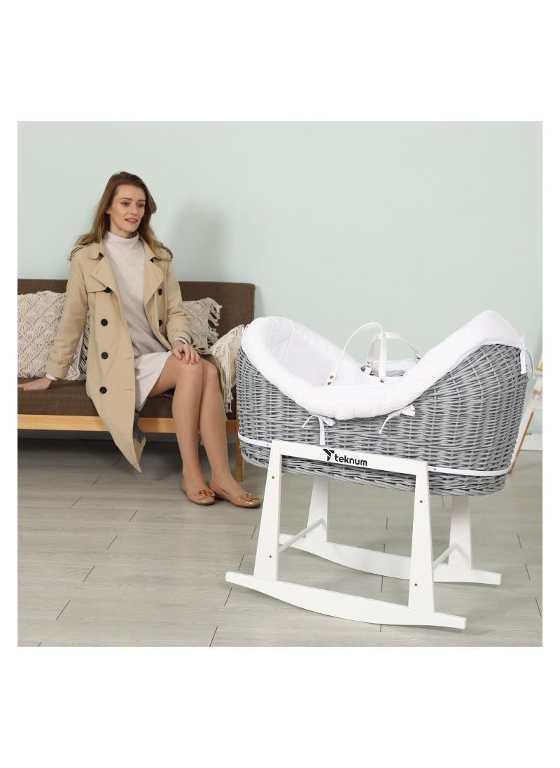 TEKNUM - Teknum Infant Wicker Pod Moses Basket with White Waffle Beddings & White Rocker Stand - Wooden Grey - Image 1