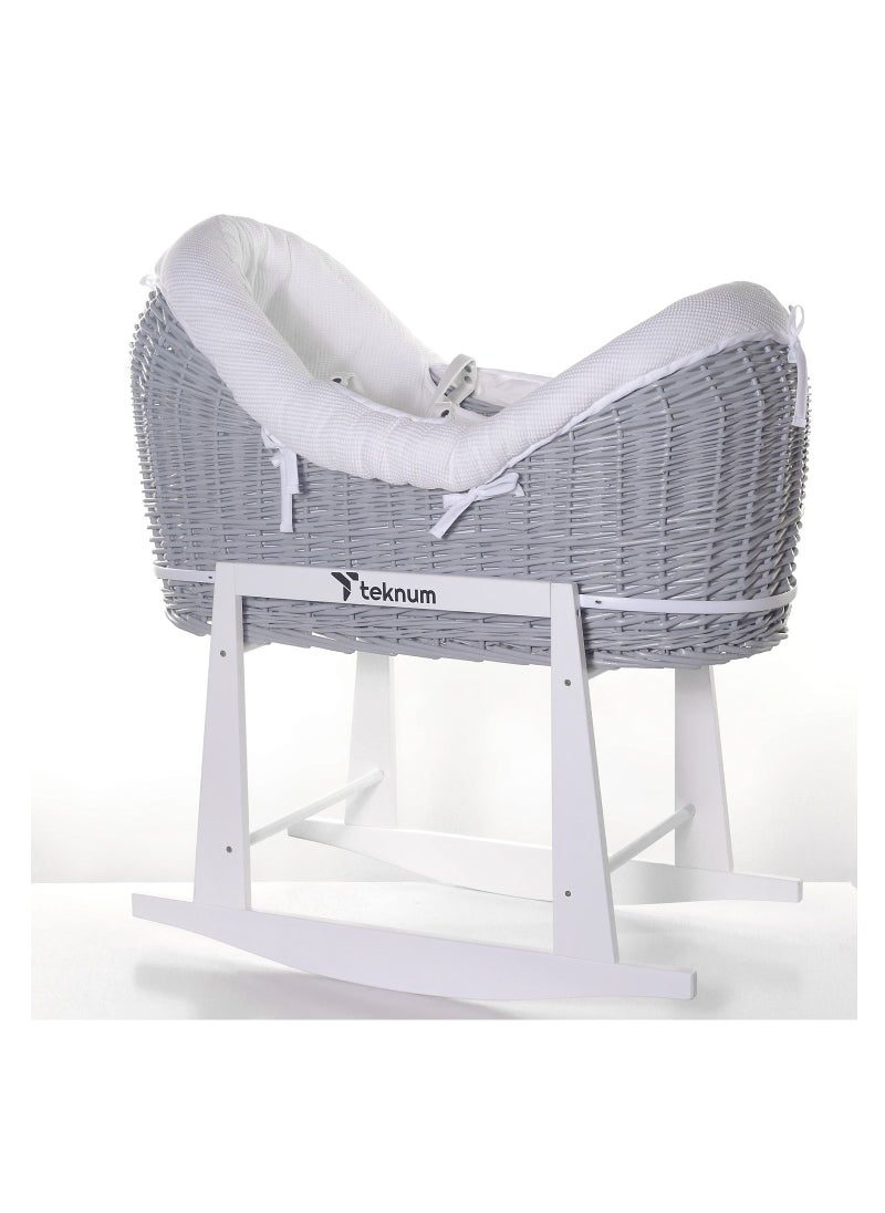 TEKNUM Teknum Infant Wicker Pod Moses Basket with White Waffle Beddings & White Rocker Stand - Wooden Grey  - Image 2