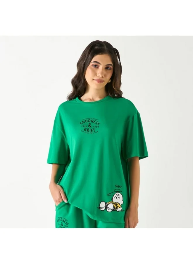 SP Characters Peanuts Embroidered Crew Neck T-shirt with Short Sleeves