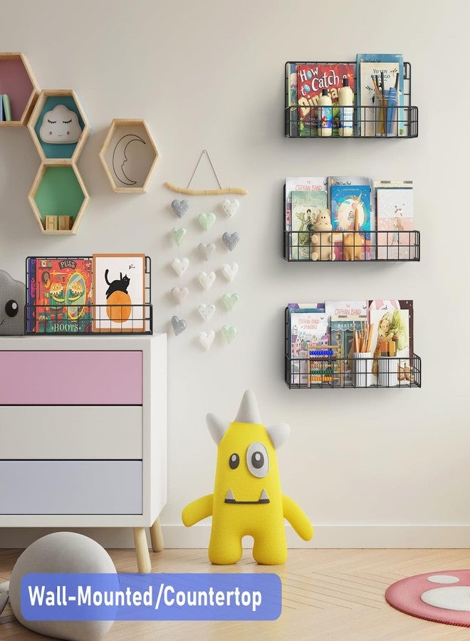 MFTEK Wall Mounted Metal Kids Bookshelf - Wall Book Shelf for Kids Rooms, Hanging Book Shelves Organizer for Room Decor, Nursery Classroom Home Floating Bookshelves Gloss Black 4 Pack - Image 4