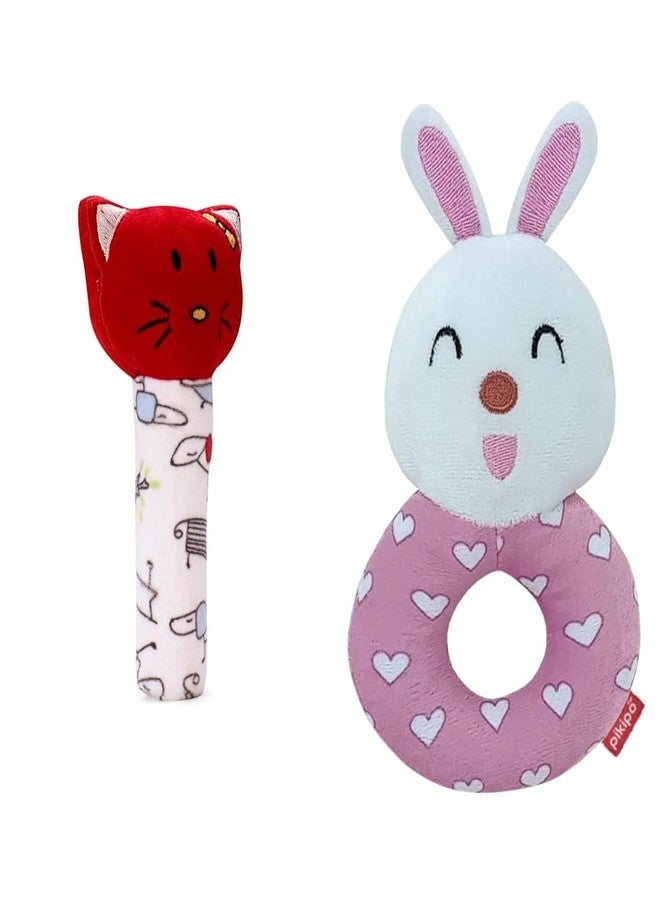 Pikipo Baby Soft Toy Combo (2-in-1): Kitty Straight Squeeze Handle + Bunny Round Ring Handle Rattles (Red, Pink)