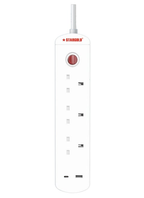 Multiple cord Extension Set Overload Protector Electric Charging Lead 3 Way Ac Output with 1 USB and 1 USB-C Port Anti-Fire 750⁰C, 13A 5M Long Power Cable Heavy Duty Charging Station- White