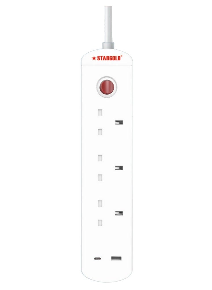 Stargold Multiple cord Extension Set Overload Protector Electric Charging Lead 3 Way Ac Output with 1 USB and 1 USB-C Port Anti-Fire 750⁰C, 13A 5M Long Power Cable Heavy Duty Charging Station- White  - Image 1