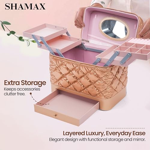 SHAMAX Vanity Box with Mirror | 4-Expandable Trays & Drawer | Portable PU Leather Makeup Organizer for Women | Waterproof, Durable,Gift (28x18x26.5 cm) (Golden) Train Case - Image 5