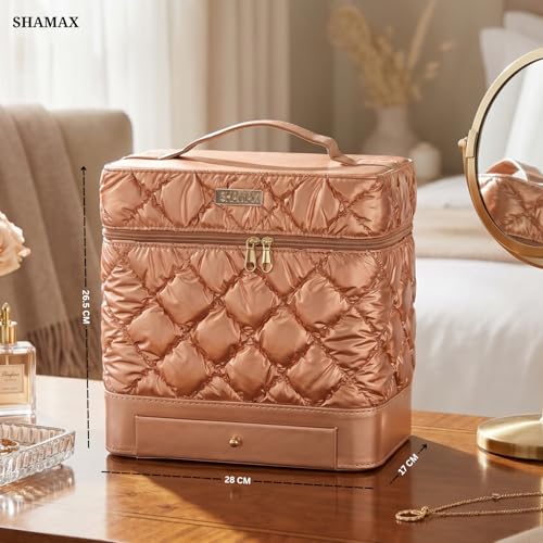SHAMAX Vanity Box with Mirror | 4-Expandable Trays & Drawer | Portable PU Leather Makeup Organizer for Women | Waterproof, Durable,Gift (28x18x26.5 cm) (Golden) Train Case - Image 4