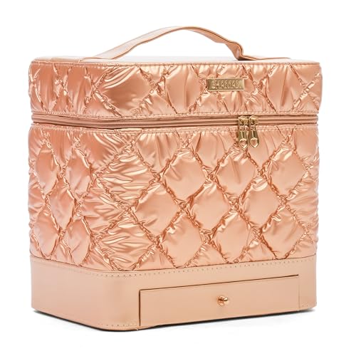 SHAMAX Vanity Box with Mirror | 4-Expandable Trays & Drawer | Portable PU Leather Makeup Organizer for Women | Waterproof, Durable,Gift (28x18x26.5 cm) (Golden) Train Case - Image 1