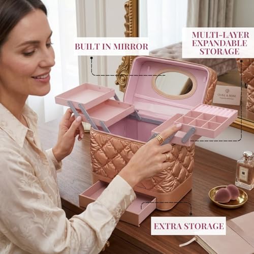 SHAMAX Vanity Box with Mirror | 4-Expandable Trays & Drawer | Portable PU Leather Makeup Organizer for Women | Waterproof, Durable,Gift (28x18x26.5 cm) (Golden) Train Case - Image 3