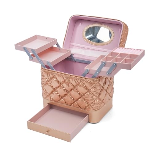 SHAMAX Vanity Box with Mirror | 4-Expandable Trays & Drawer | Portable PU Leather Makeup Organizer for Women | Waterproof, Durable,Gift (28x18x26.5 cm) (Golden) Train Case - Image 2