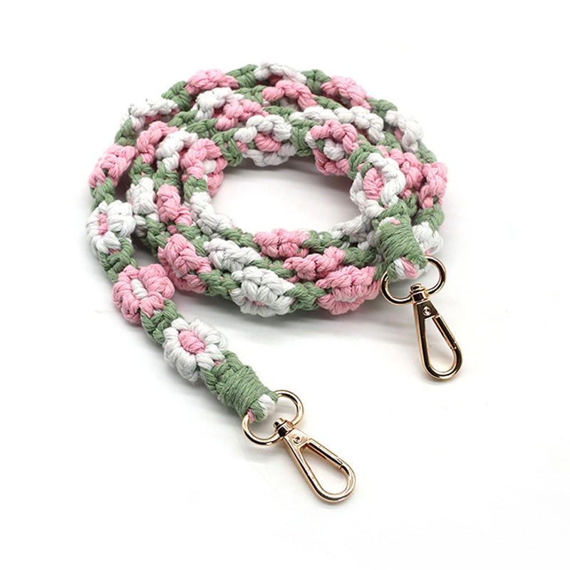 Craoopii Handmade Woven Cotton Rope Flower Shoulder Strap Bag Strap Purse Strap Crossbody Replacement Strap Green Pink - Image 2