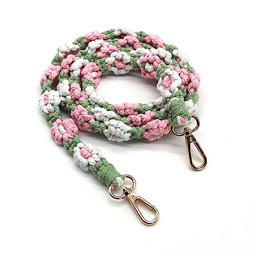 Craoopii Handmade Woven Cotton Rope Flower Shoulder Strap Bag Strap Purse Strap Crossbody Replacement Strap Green Pink - Image 1