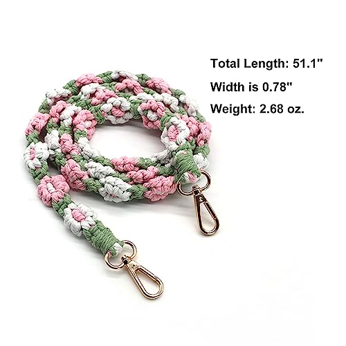 Craoopii Handmade Woven Cotton Rope Flower Shoulder Strap Bag Strap Purse Strap Crossbody Replacement Strap Green Pink - Image 3