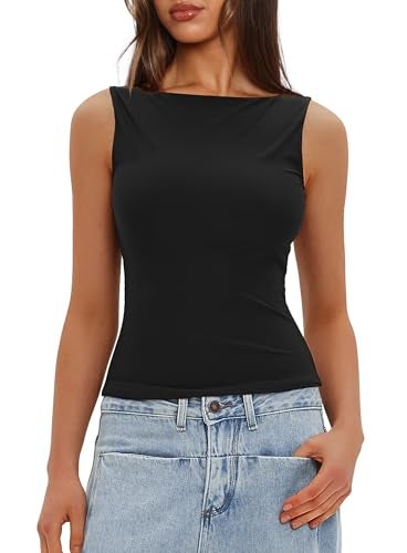 Darong Women's Boat Neck Tank Top Sleeveless Double Lined Basic Tops Going Out Casual Tank Shirts 9081 Black S - Image 3