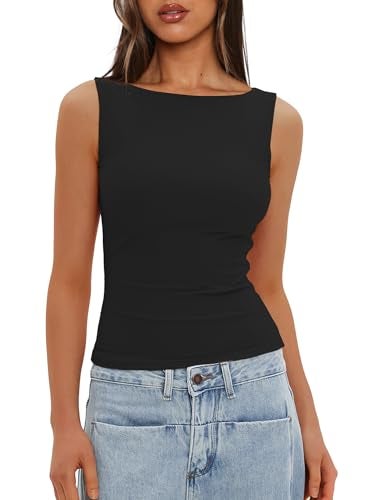 Darong Women's Boat Neck Tank Top Sleeveless Double Lined Basic Tops Going Out Casual Tank Shirts 9081 Black S - Image 5