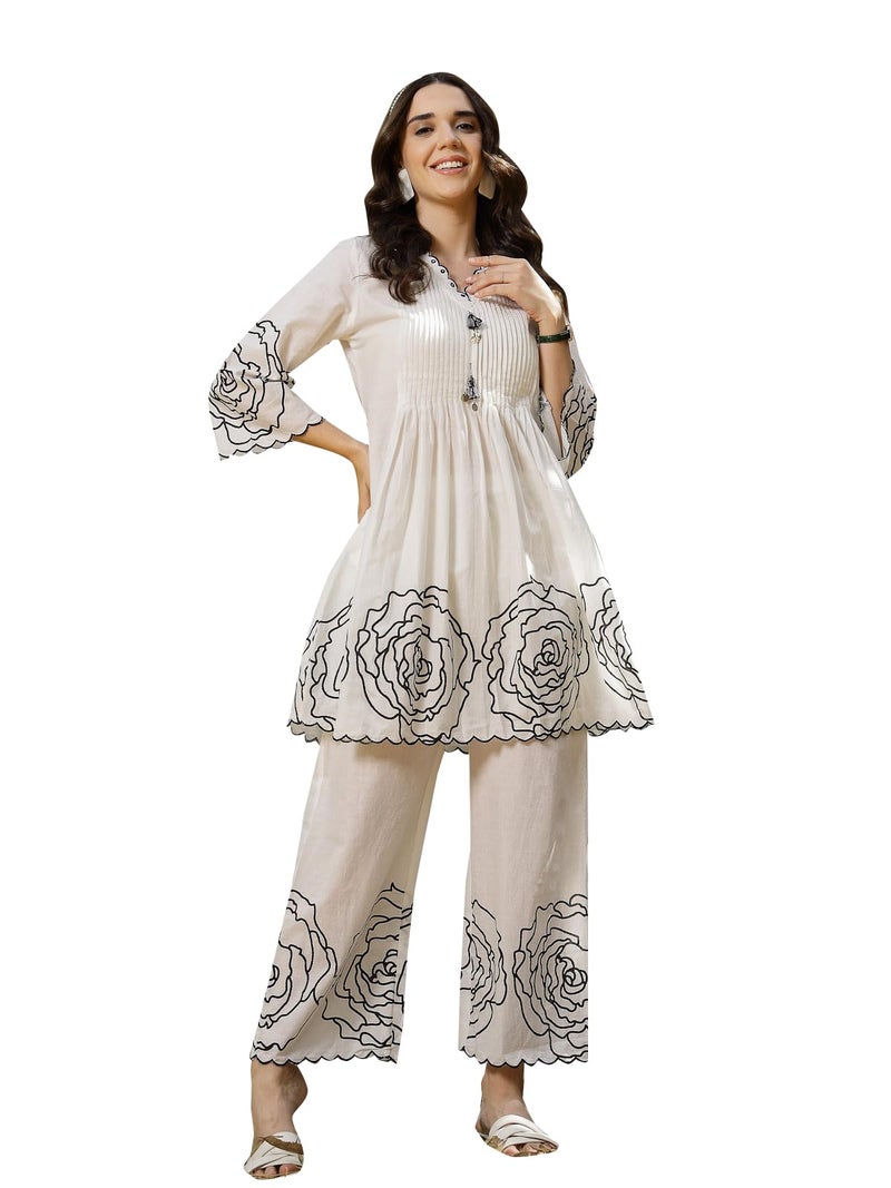 Stylum Women's Floral & Embroidered Cotton Short Kurti Palazzo Set - Image 1