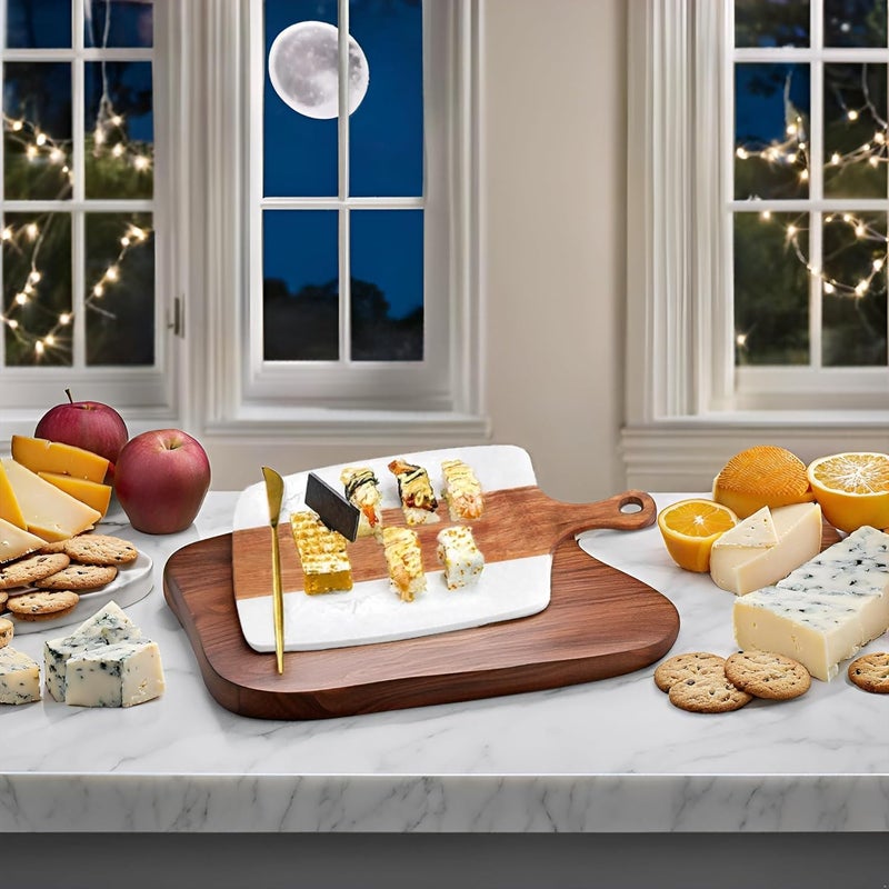 TIYOORTA Marble and Acacia Wood Cheese Cutting Board with 4Pcs Cheese Knife SetLuxury Charcuterie Serving Board w Utensils Handmade Easy Grip Handle Appetizer Platter Display Tray 1378 IN708 IN08 IN  - Image 4