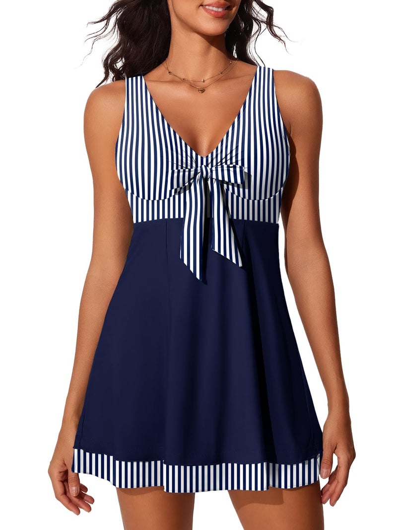 MiYang Women's One Piece High Waist Printing Swim Dress Padded Swimwear Blue Stripes Large - Image 1