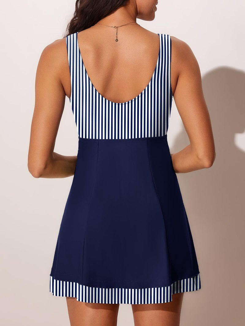 MiYang Women's One Piece High Waist Printing Swim Dress Padded Swimwear Blue Stripes Large - Image 3