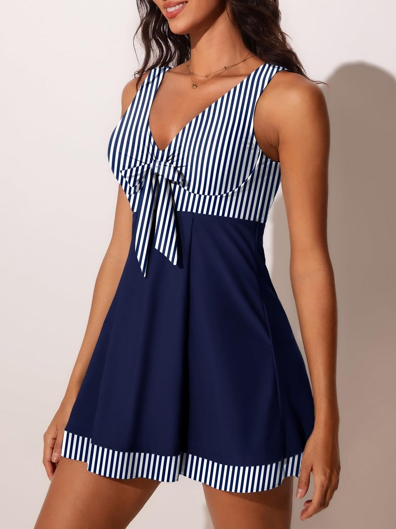 MiYang Women's One Piece High Waist Printing Swim Dress Padded Swimwear Blue Stripes Large - Image 2