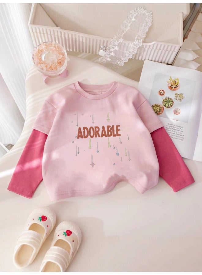 Girls' Autumn/winter Pure Cotton Long Sleeve T-shirt New Cartoon Patchwork Color Block Two-in-one Base Shirt For Older Children - Image 3