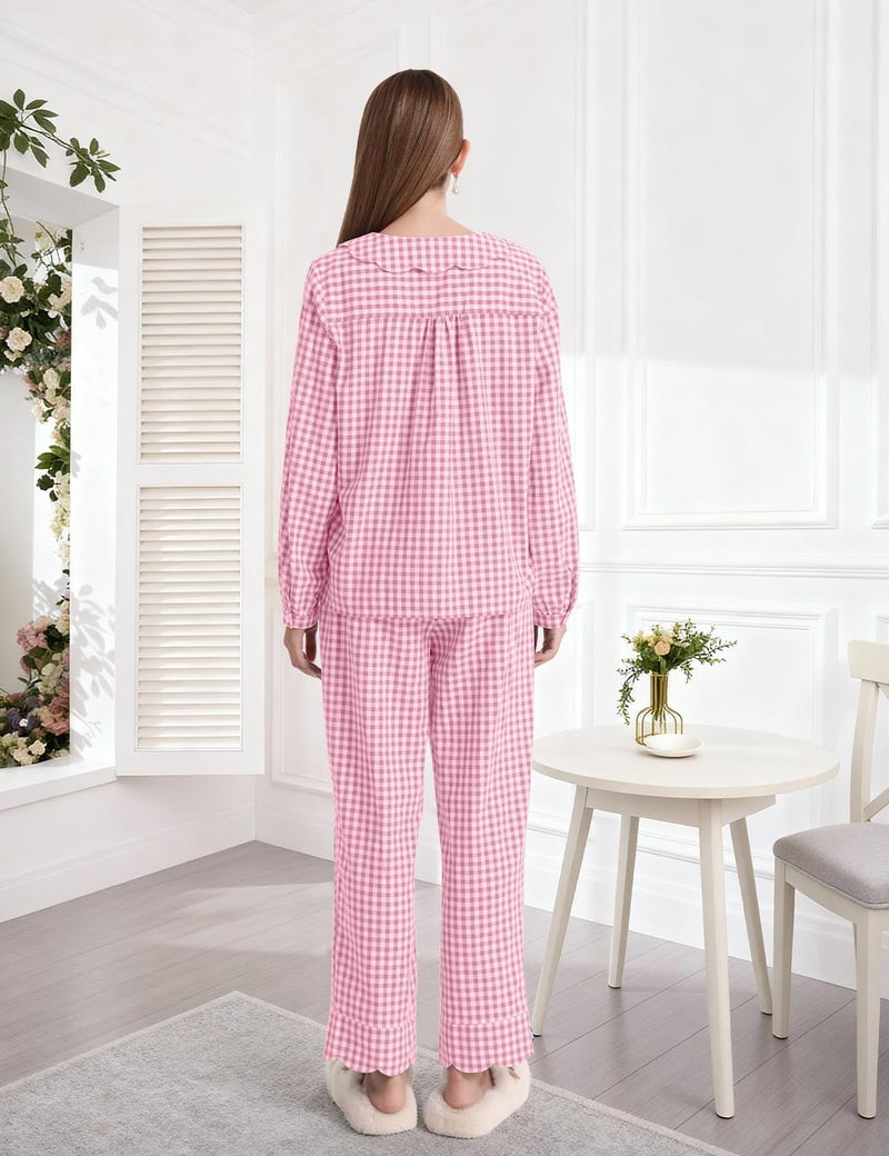 PEHMEA Women's Plaid Pajamas Set 2 Piece Cotton Gingham Sleepwear Puff Sleeve Scalloped Babydoll Shirt Lounge Pj Sets(Pink-XL) - Image 5