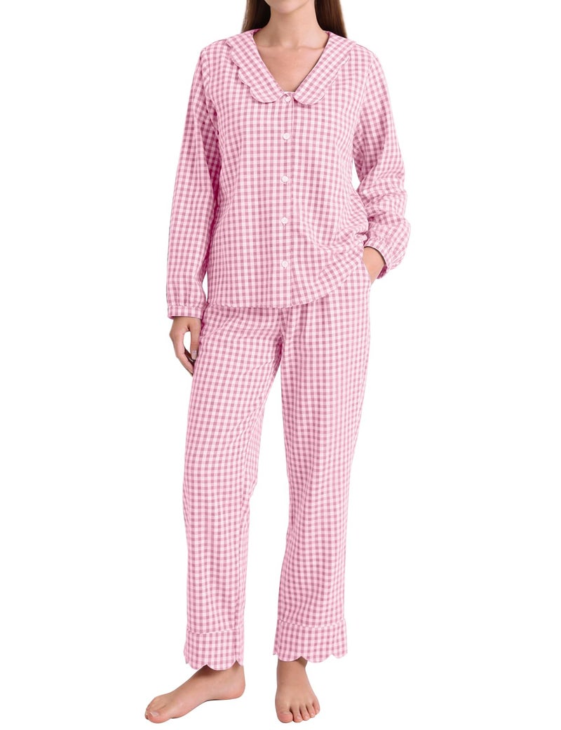 PEHMEA Women's Plaid Pajamas Set 2 Piece Cotton Gingham Sleepwear Puff Sleeve Scalloped Babydoll Shirt Lounge Pj Sets(Pink-XL) - Image 1