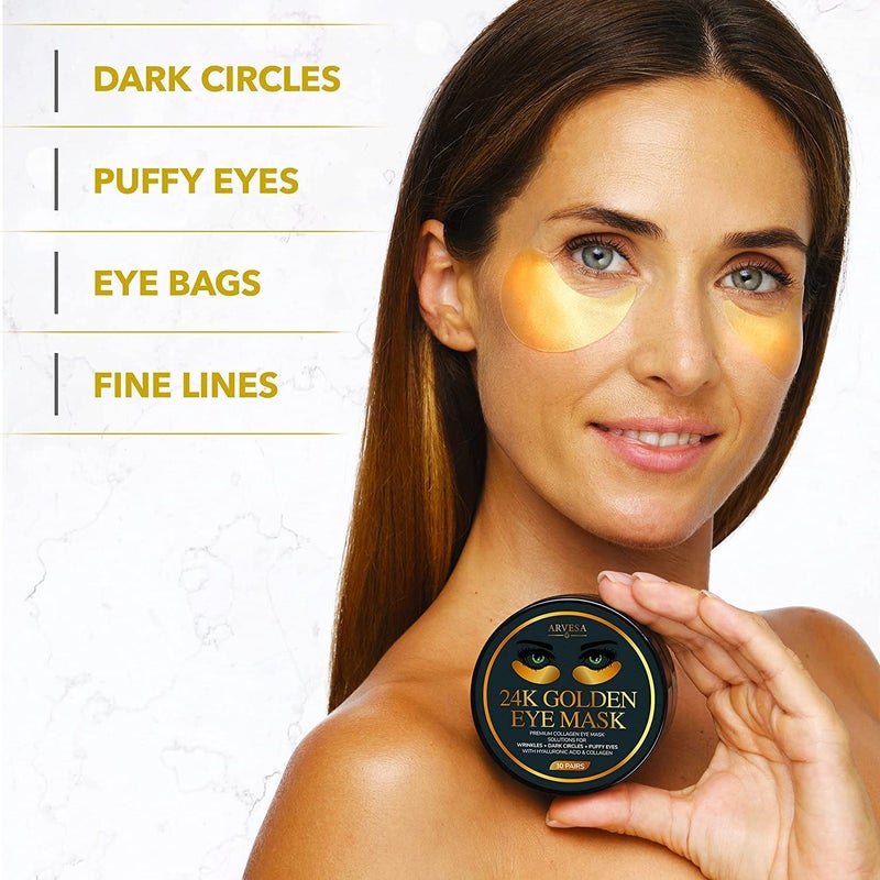 Arvesa Under Eye Mask for Dark Circles and Puffiness, Wrinkles, 24k Gold Under Skincare Treatment Patches for Puffy Eyes with Collagen for Women and Men - Gel Pads - 30 Pairs - Image 2