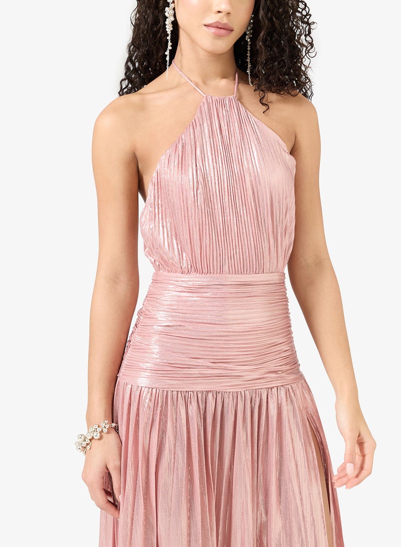 جينجر فستان بليسيه بياقة هالتر وشق معدني - Image 3