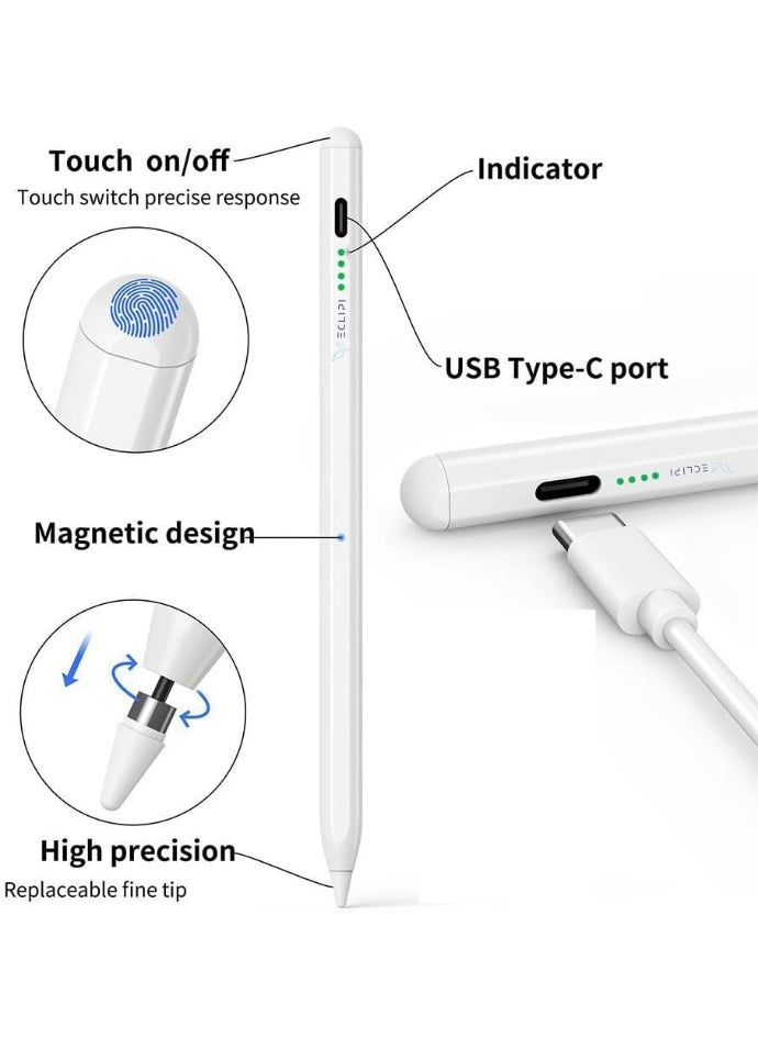 Active Fast-Charging Stylus Pen with Palm Rejection Sensor – Universal for Apple iPad Pro/Air/iPhone, iOS, Android, Microsoft, Samsung, Lenovo Tablets – Extra Tip – White