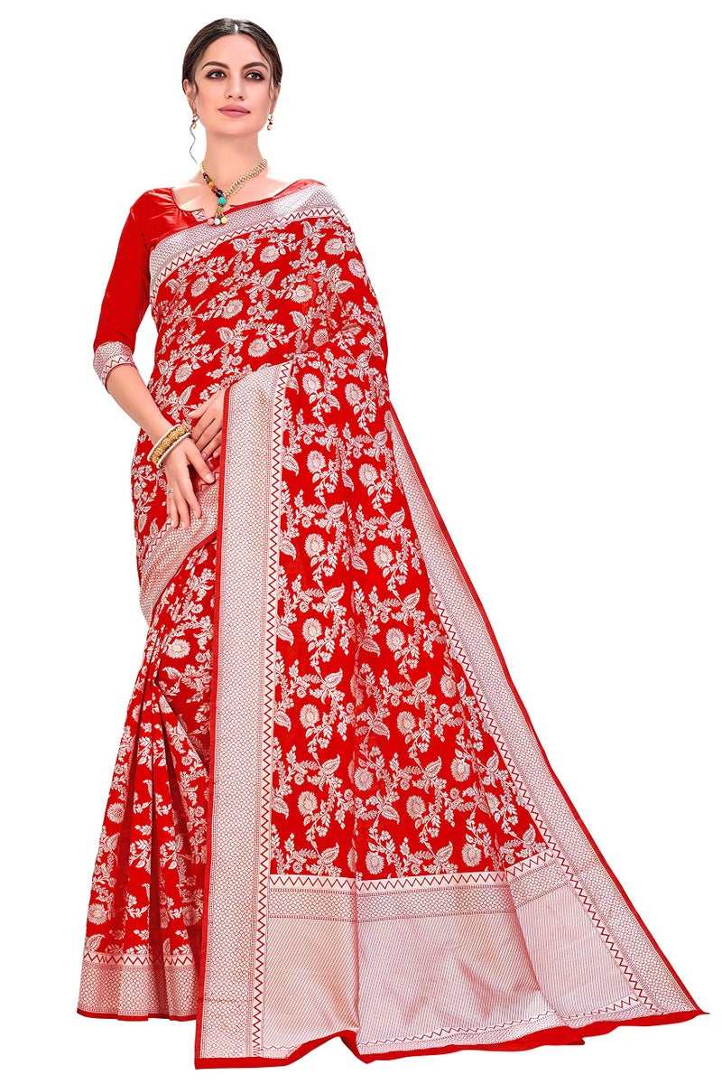 Glory Sarees Women's Banarasi Artificial Silk Saree With Blouse Piece (kara124-red_Red) - Image 1